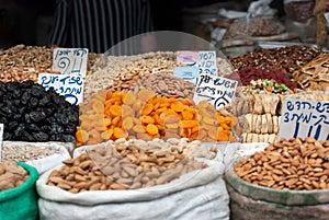 Assorted dried fruits and nuts for sale at Mahane Yehuda Market