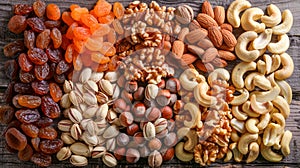 Assorted Dried Fruits and Nuts on Wooden Background, Healthy Snacking Option, Top View