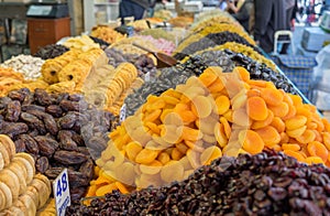 Assorted dried fruits for sale at Mahane Yehuda Market