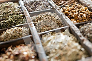 Assorted dried herbs in a printers tray