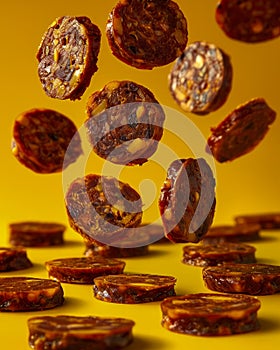 Assorted Dried Tomato Slices Tumbling in the Air with Vibrant Yellow Background Food Photography Concept