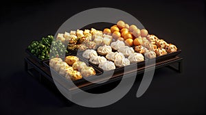 Assorted Dumplings and Snacks on a Black Background