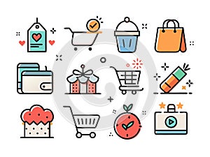 Assorted e-commerce icons in bright flat design style art