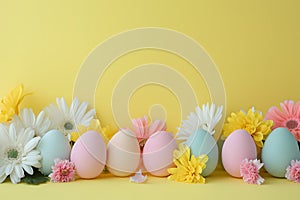 Assorted Easter Eggs and Flowers on Yellow Background. Generative AI