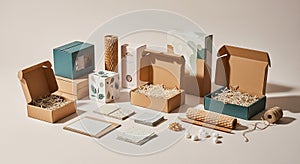 Assorted eco-friendly packaging materials displayed, featuring cardboard boxes, some with shredded