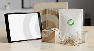 Assorted eco-friendly packaging products arranged on