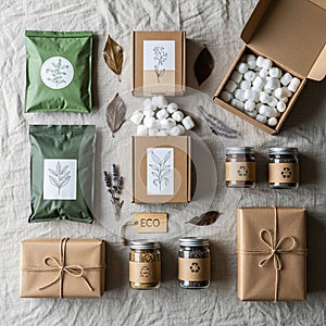 Assorted eco-friendly packaging on a textured