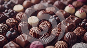 Assorted elegant chocolates in a close-up view. ideal for gourmet and luxury confectionery branding. variety of shapes