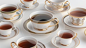 Assorted elegant teacups with golden trim, filled with tea, suggest a refined gathering