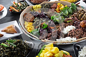 assorted Ethiopian entrees, food, platter