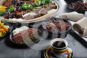 assorted Ethiopian entrees, food, platter