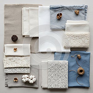 The composition is orderly showcasing each fabric s texture and color