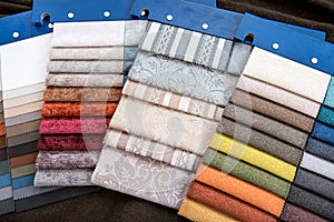 Assorted fabric swatches for interior decorating