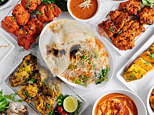 Assorted famous indian and pakistani food table vegetable biryani, Butter Chicken, paneer Chicken Tikka boti kebab, lime, Kali