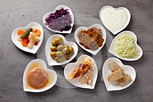 Assorted fermented foods viewed from above