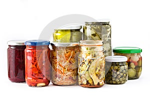 Fermented preserved vegetables in jar isolated on white background
