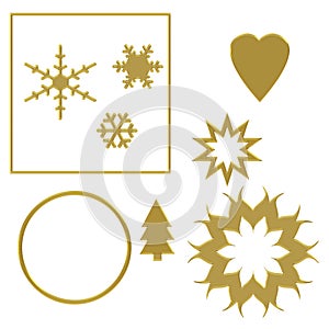 Assorted festive elements with gold effect, isolated on white background with chiselled effect fancy edge. Heart, circle photo