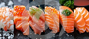 Assorted fish products collage with white dividing lines brightly lit white background