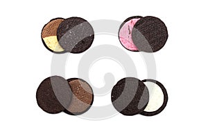 Assorted flavor of Oreo cookies in pieces of inside crust isolated on white background with sweet cream, Chocolate, Peanut butter