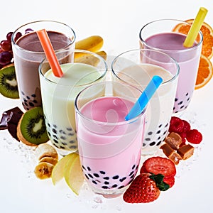 Assorted flavors of milky bubble or boba tea photo