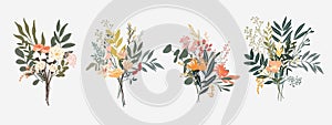 Assorted Floral Bouquets on a White Background, Simple Flat