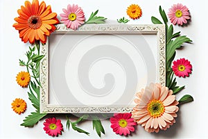 assorted flower border frame on light white background mock up copy space made with generative AI