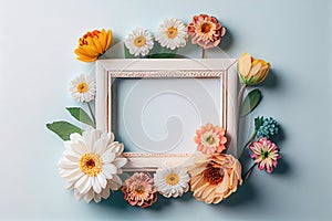 assorted flower border frame on light white background mock up copy space made with generative AI