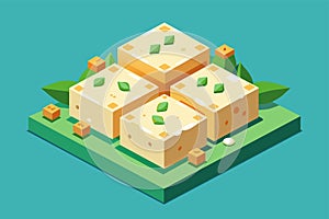 Assorted food items neatly arranged on top of a table in a well-organized manner, Tofu Customizable Isometric Illustration