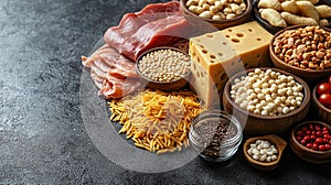 Assorted food products on dark surface