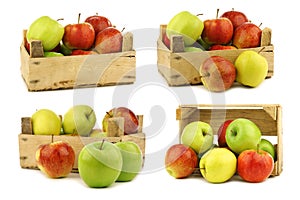 Assorted fresh apples in a wooden crate