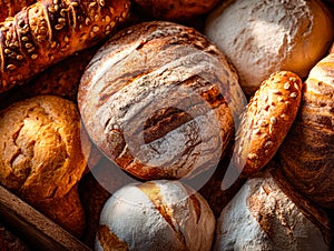 Assorted fresh baked bread with various textures and crusts