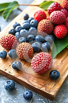 Assorted fresh berries including blueberries and lychees on wooden serving board