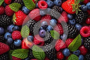 Assorted fresh berries with mint leaves top view