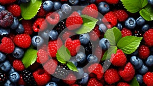 Assorted fresh berries with vibrant leaves.