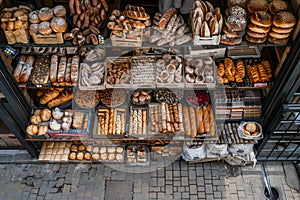 Assorted fresh bread, local bakery shop counter