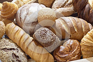 Assorted fresh bread varieties displayed artfully on a neutral background, showcasing textures