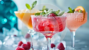 Assorted Fresh Fruit Mocktails specially crafted mixed drinks,. Colorful assortment of refreshing mocktails garnished