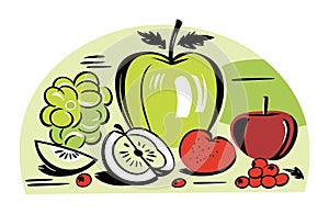 Assorted fresh fruits illustration, green apple, grapes, and red apple. Half and whole fruits, healthy food concept