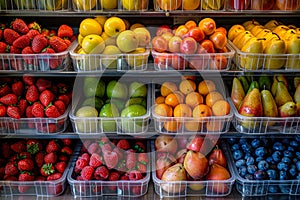 Assorted Fresh Fruits in Market Display Containers.