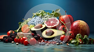 Assorted Fresh Fruits and Vegetables on Vibrant Background