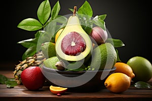 Assorted fresh fruits on wooden table, healthy organic eating concept