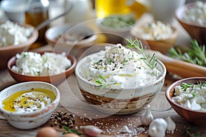 Assorted Fresh Greek Yogurt Bowls with Herbs, Spices, and Olive Oil on Rustic Wooden Table