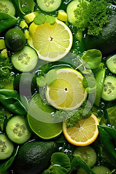 Assorted Fresh Green Fruits and Vegetables with Water Drops