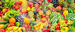 Assorted fresh ripe fruits and vegetables. Food concept background.