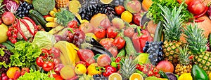 Assorted fresh ripe fruits and vegetables. Food concept background.