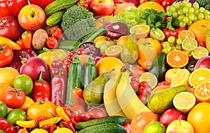 Assorted fresh ripe fruits and vegetables. Food concept background. Top view