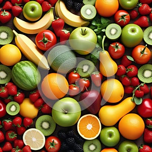 Assorted fresh ripe fruits and vegetables. Food concept background. Top view. Copy space