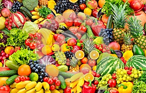 Assorted fresh ripe fruits and vegetables. Food concept backgrou