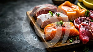 Assorted Fresh Salmon and Meat Cuts on Dark Surface