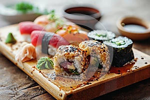 Assorted Fresh Sushi Set on a Wooden Board